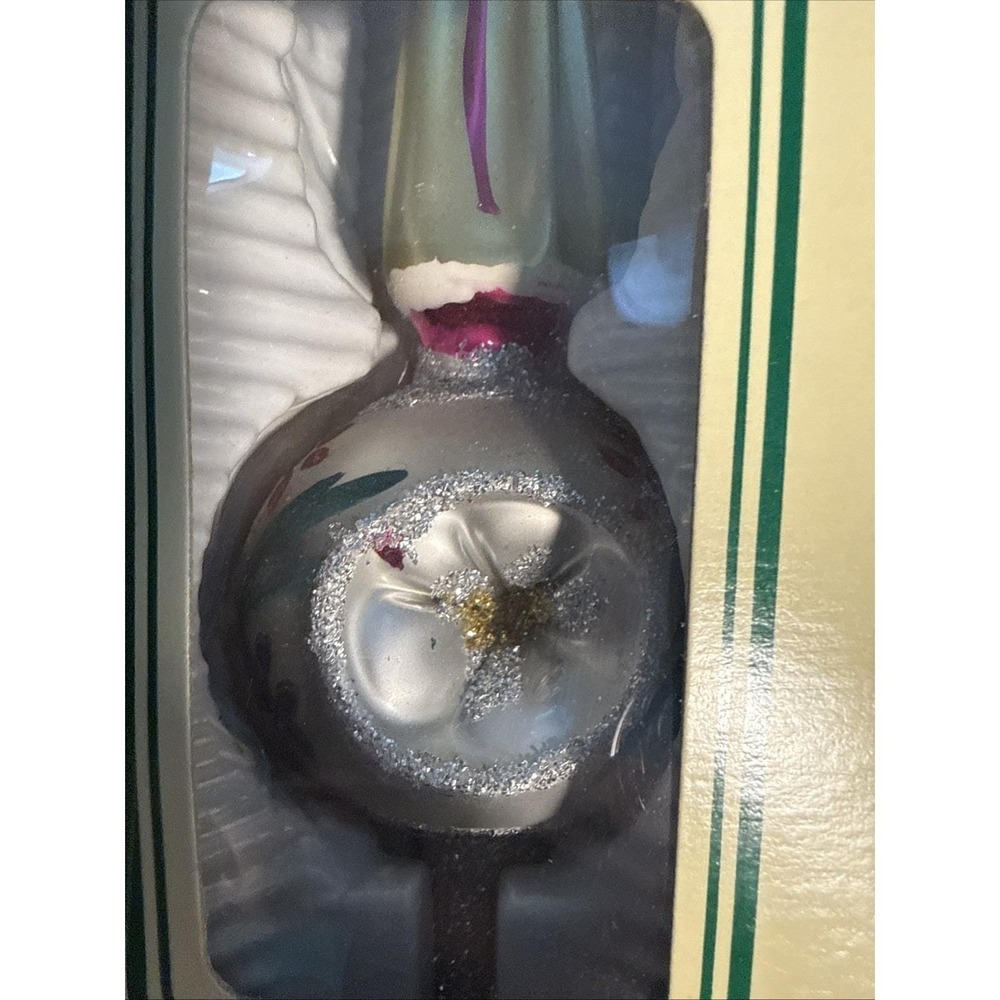 Christmas Classics Glass Finial Tree Topper Ornament Floral Made Romania Box - Picture 2 of 7